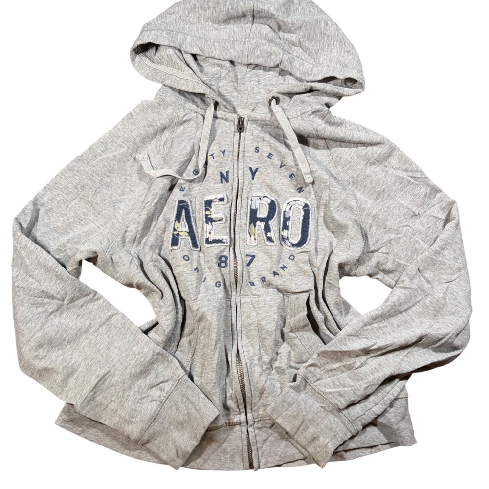Aeropostale Gray Full Zip Hoodie Floral AERO Logo Sweatshirt Size L